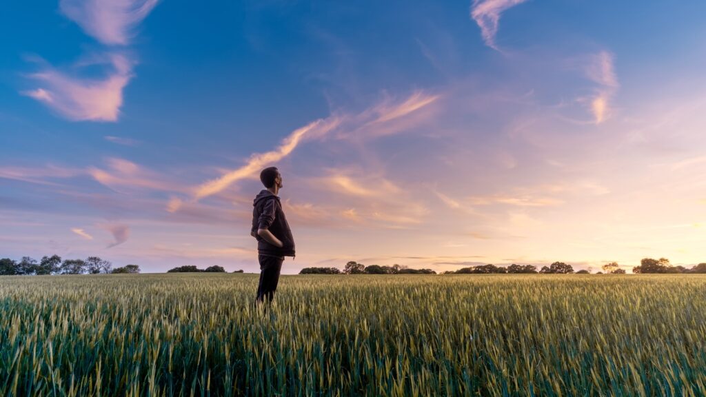 man on grass field looking at sky